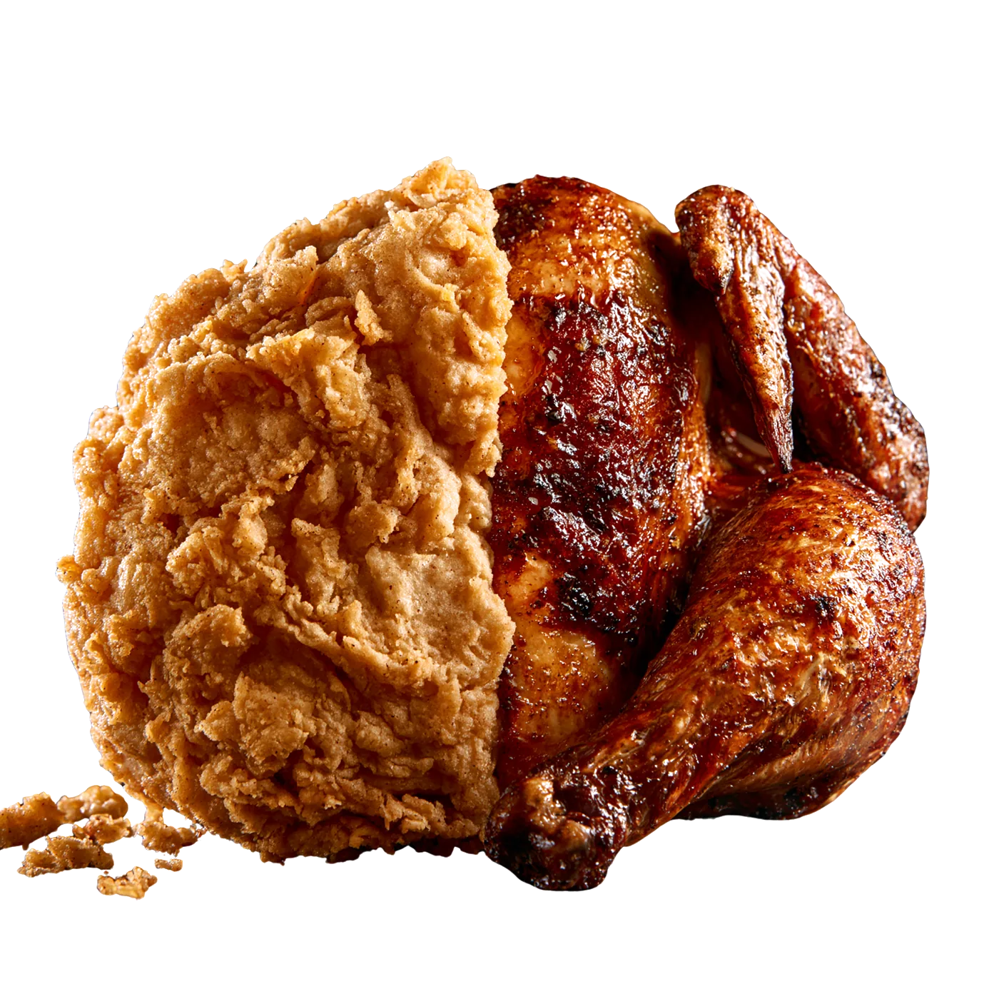 Half fried, half rotisserie chicken — one bird, two ways